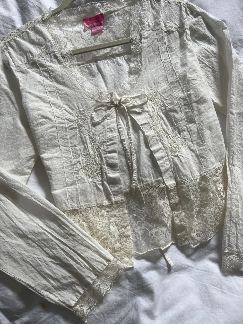 She’s Cool vintage Y2K white floral beaded embroidery tie front cotton cardigan